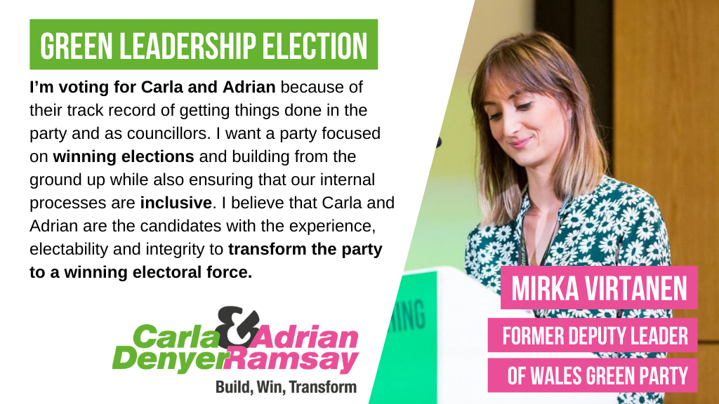 I’m voting for Carla and Adrian because of their track record of getting things done in the party and as councillors. I want a party focussed on winning elections and building from the ground up while also ensuring that our internal processes are inclusive. I believe that Carla and Adrian are the candidates with the experience, electability and integrity to transform the party to a winning electoral force.