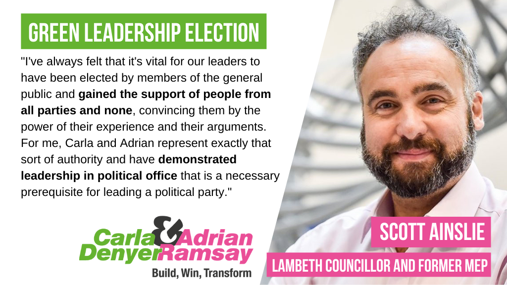 "I've always felt that it's vital for our leaders to have been elected by members of the general public and gained the support of people from all parties and none, convincing them by the power of their experience and their arguments. For me, Carla and Adrian represent exactly that sort of authority and have demonstrated leadership in political office that is a necessary prerequisite for leading a political party."